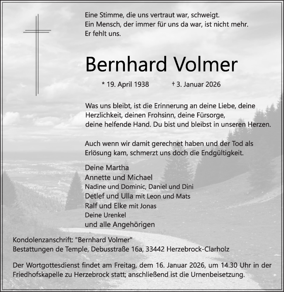  Traueranzeige für Bernhard Volmer vom 10.01.2026 aus Die Glocke