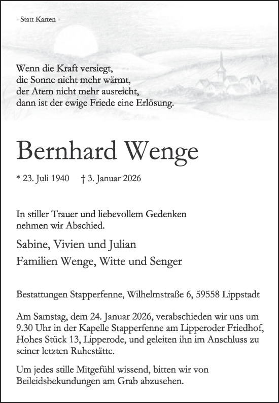 Traueranzeige von Bernhard Wenge von Die Glocke