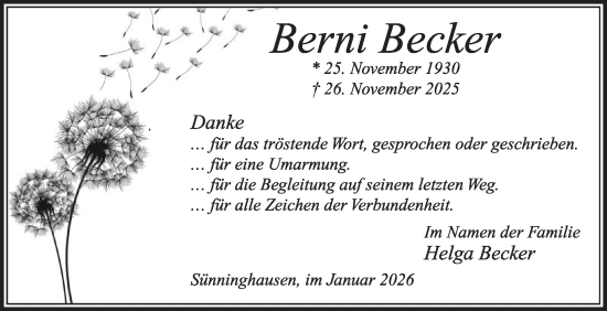 Traueranzeige von Berni Becker von Die Glocke
