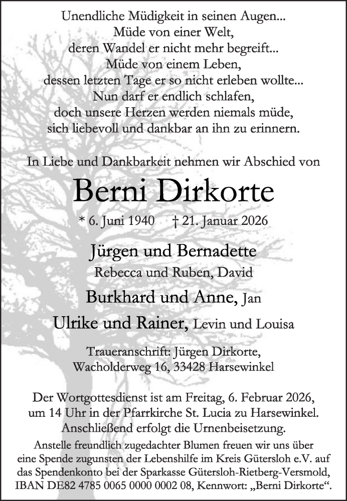  Traueranzeige für Berni Dirkorte vom 31.01.2026 aus Die Glocke