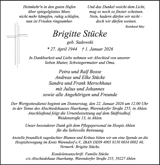 Traueranzeige von Brigitte Stücke von Die Glocke