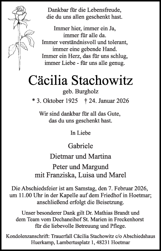 Traueranzeige von Cäcilia Stachowitz von Die Glocke
