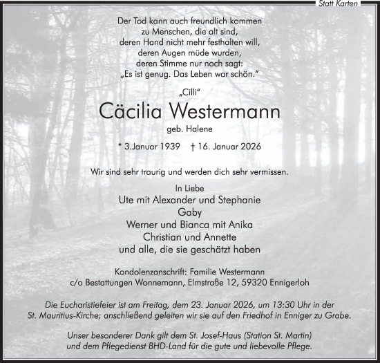 Traueranzeige von Cäcilia Westermann von Die Glocke