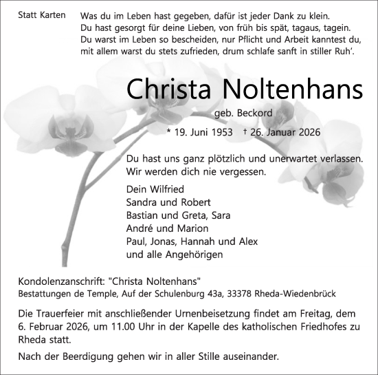 Traueranzeige von Christa Noltenhans von Die Glocke