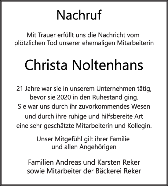 Traueranzeige von Christa Noltenhans von Die Glocke