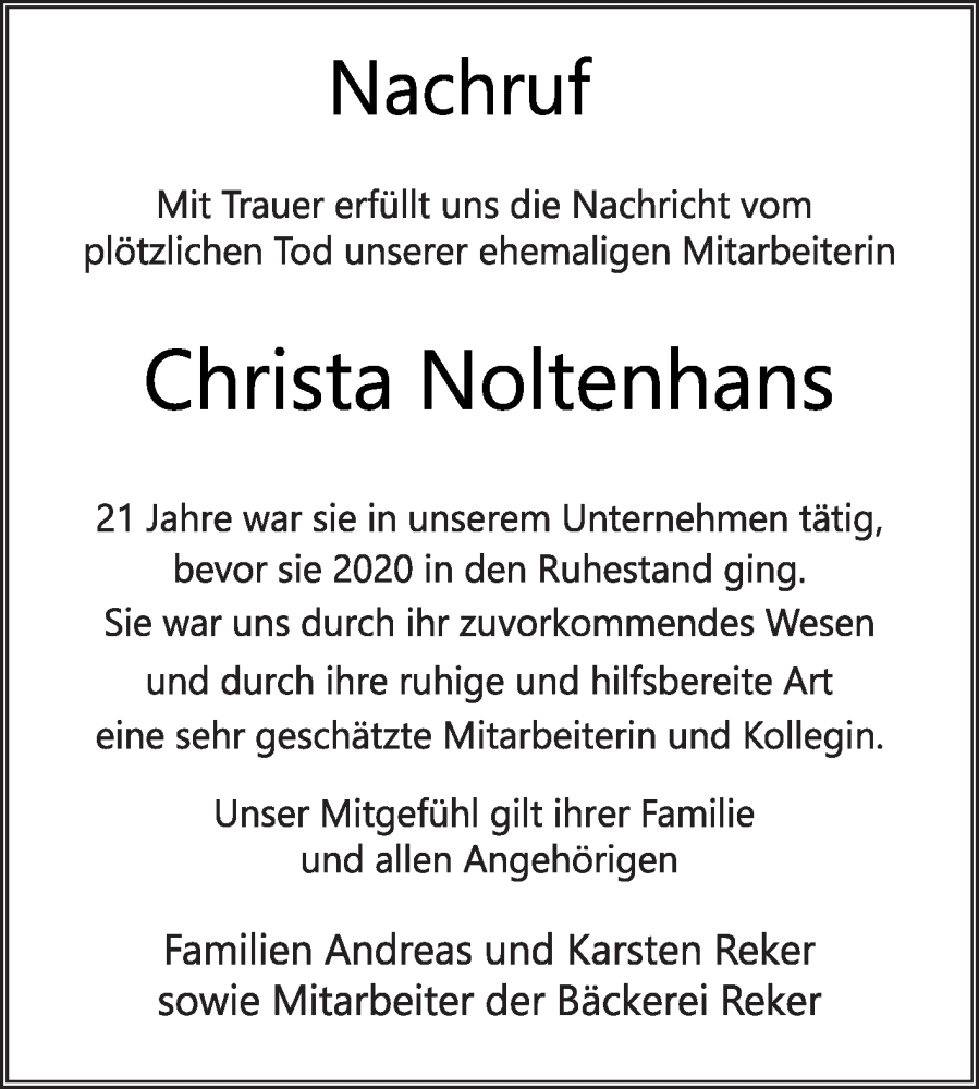  Traueranzeige für Christa Noltenhans vom 31.01.2026 aus Die Glocke