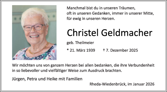 Traueranzeige von Christel Geldmacher von Die Glocke