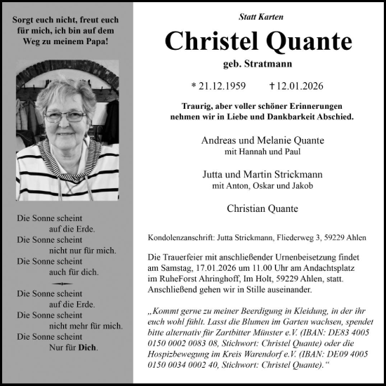 Traueranzeige von Christel Quante von Die Glocke