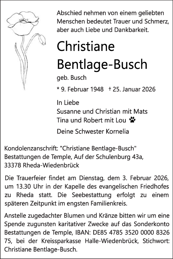  Traueranzeige für Christiane Bentlage-Busch vom 31.01.2026 aus Die Glocke
