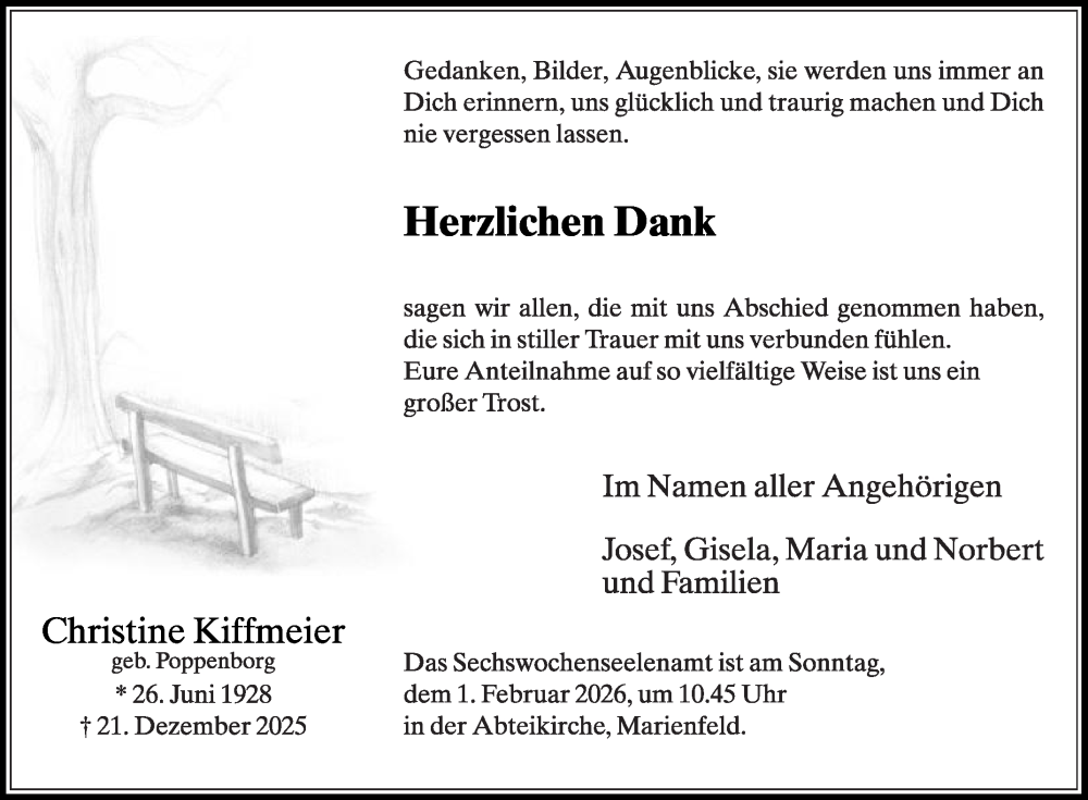  Traueranzeige für Christine Kiffmeier vom 24.01.2026 aus Die Glocke