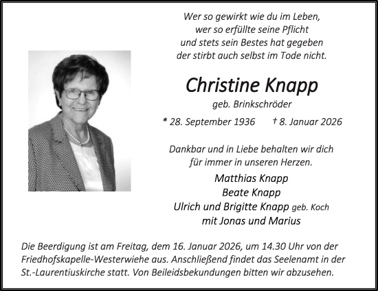 Traueranzeige von Christine Knapp von Die Glocke