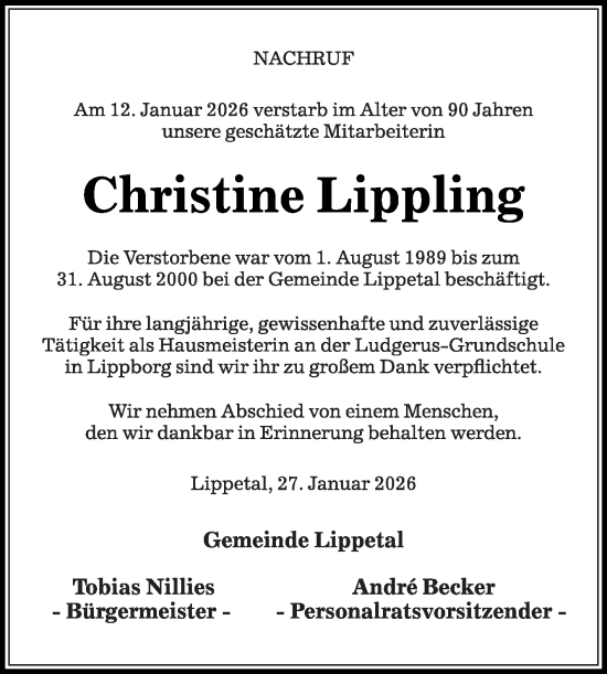 Traueranzeige von Christine Lippling von Die Glocke