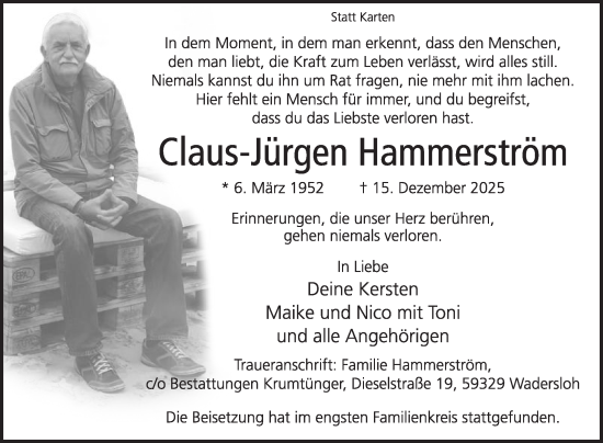 Traueranzeige von Claus-Jürgen Hammerström von Die Glocke