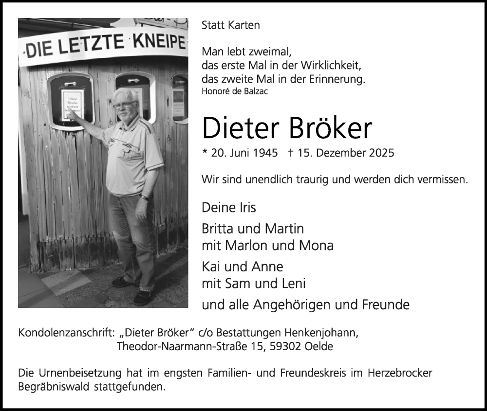  Traueranzeige für Dieter Bröker vom 17.01.2026 aus Die Glocke
