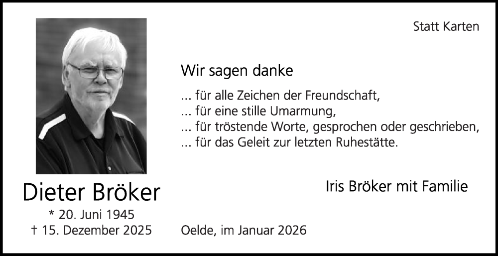  Traueranzeige für Dieter Bröker vom 31.01.2026 aus Die Glocke