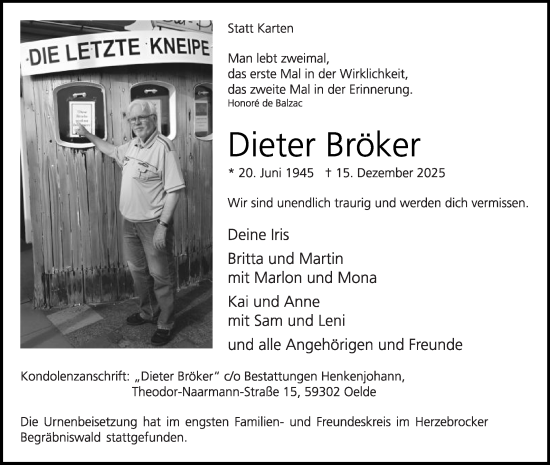 Traueranzeige von Dieter Bröker von Die Glocke