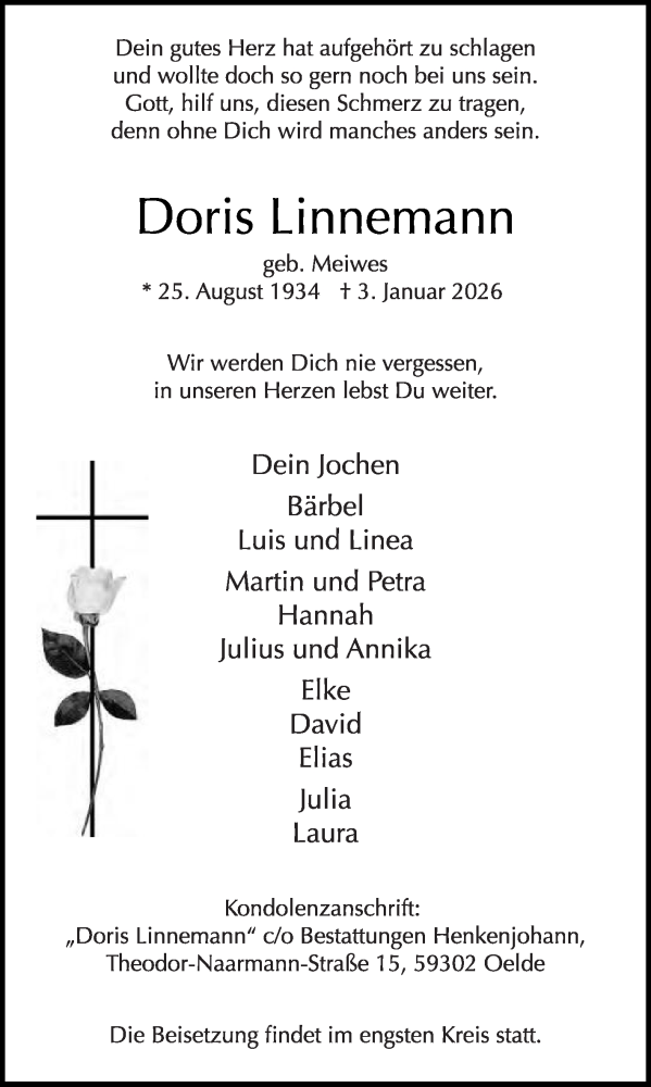  Traueranzeige für Doris Linnemann vom 17.01.2026 aus Die Glocke