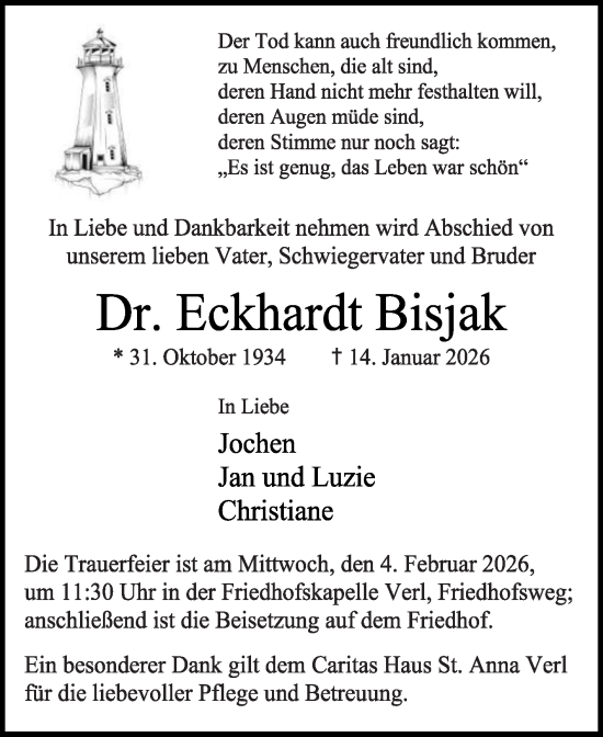 Traueranzeige von Eckhardt Bisjak von Die Glocke