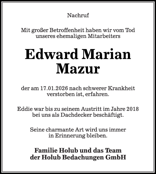 Traueranzeige von Edward Marian Mazur von Die Glocke