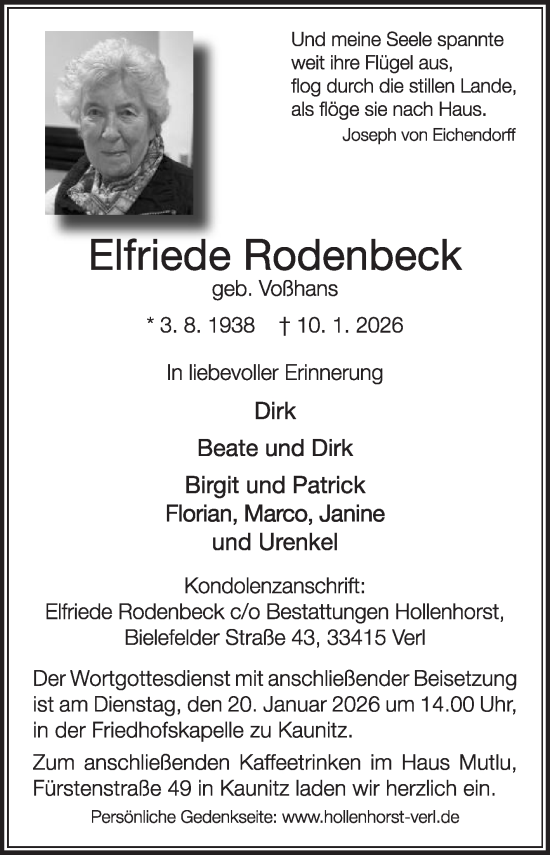 Traueranzeige von Elfriede Rodenbeck von Die Glocke