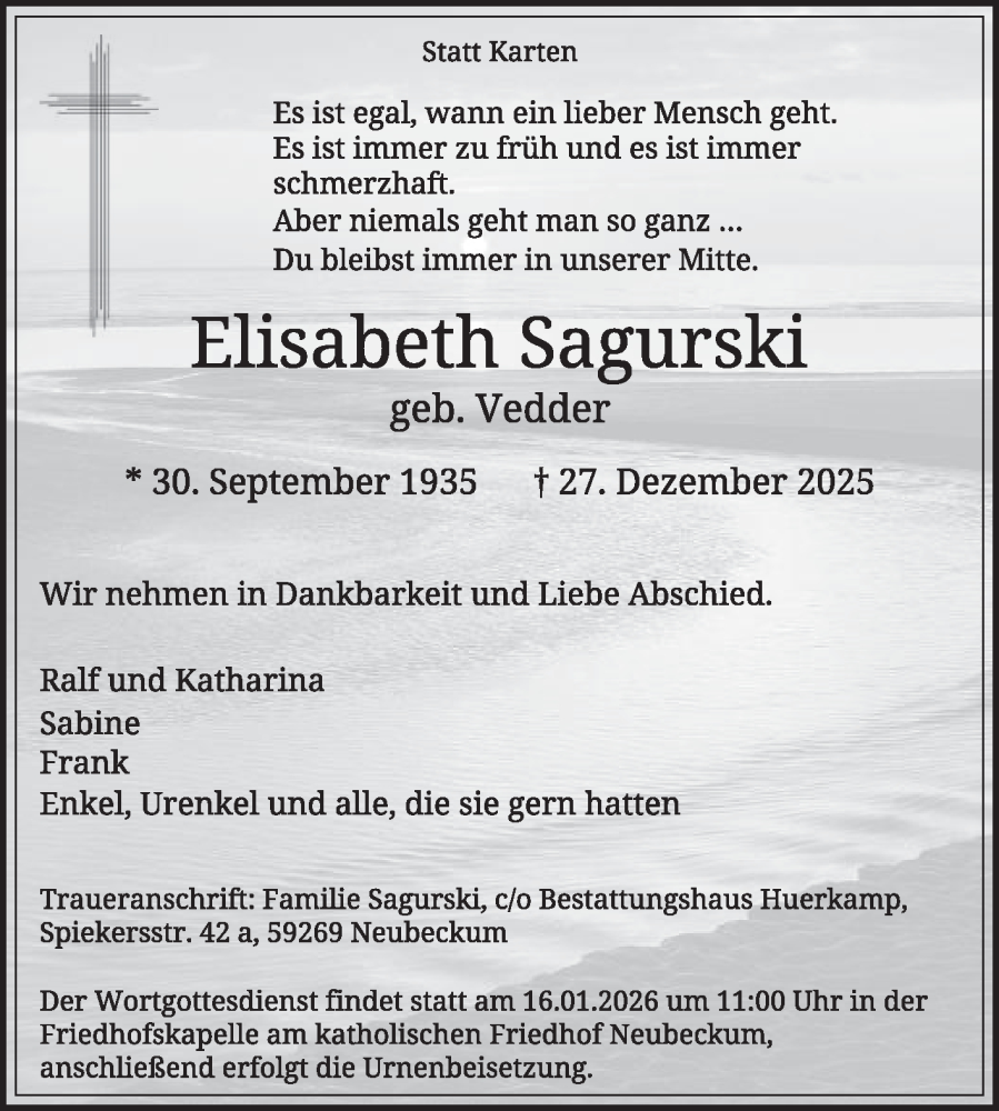  Traueranzeige für Elisabeth Sagurski vom 03.01.2026 aus Die Glocke