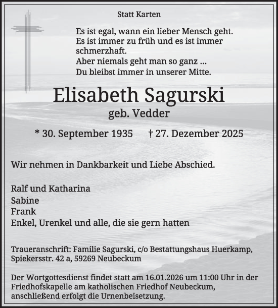 Traueranzeige von Elisabeth Sagurski von Die Glocke