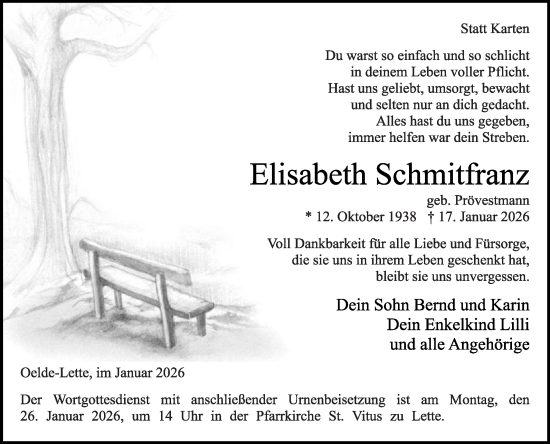 Traueranzeige von Elisabeth Schmitfranz von Die Glocke