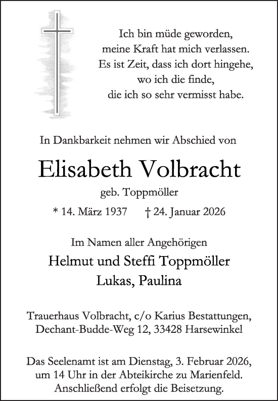 Traueranzeige von Elisabeth Volbracht von Die Glocke