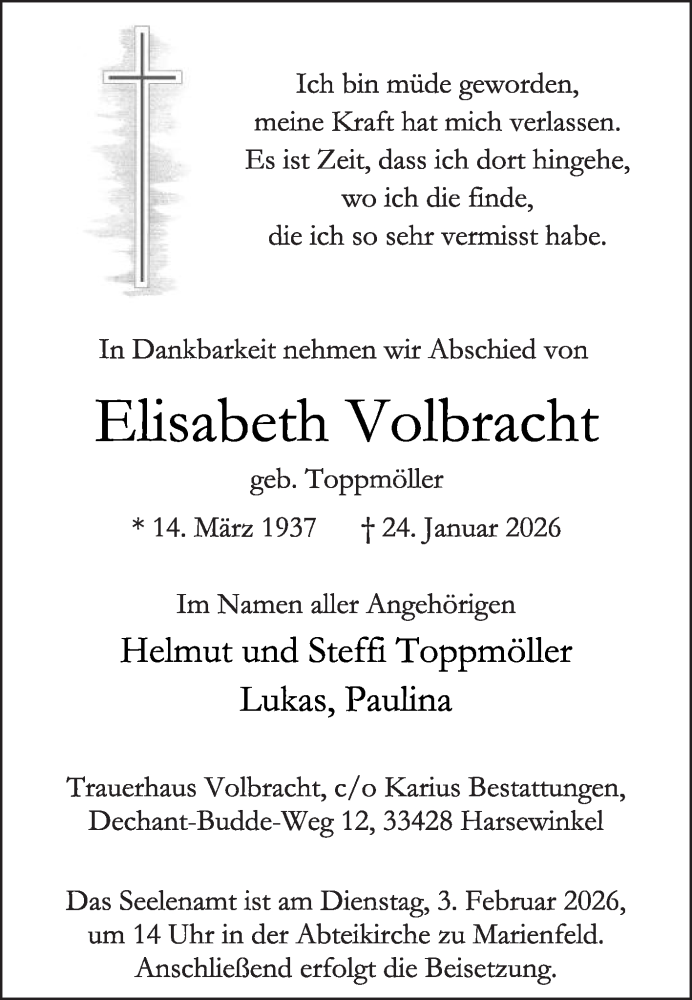  Traueranzeige für Elisabeth Volbracht vom 31.01.2026 aus Die Glocke
