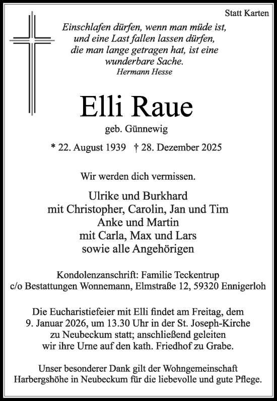 Traueranzeige von Elli Raue von Die Glocke