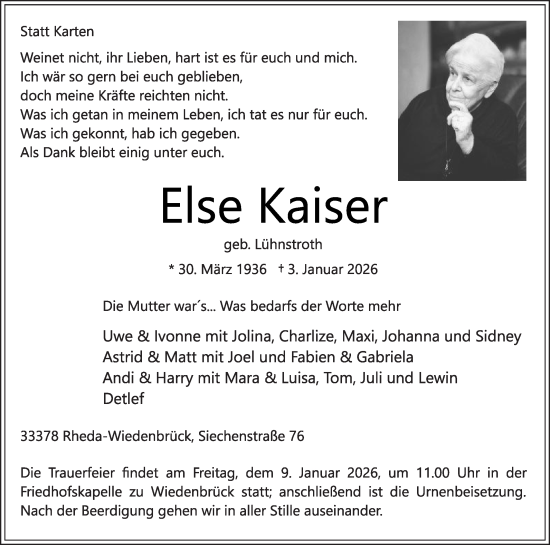Traueranzeige von Else Kaiser von Die Glocke