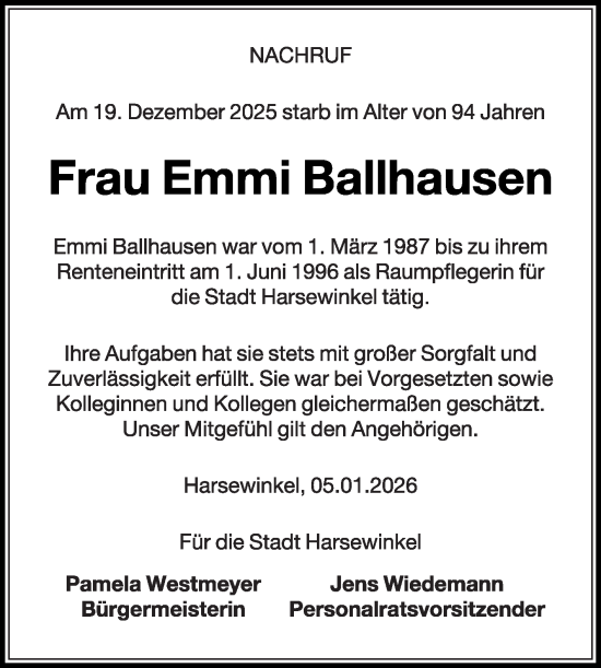 Traueranzeige von Emmi Ballhausen von Die Glocke