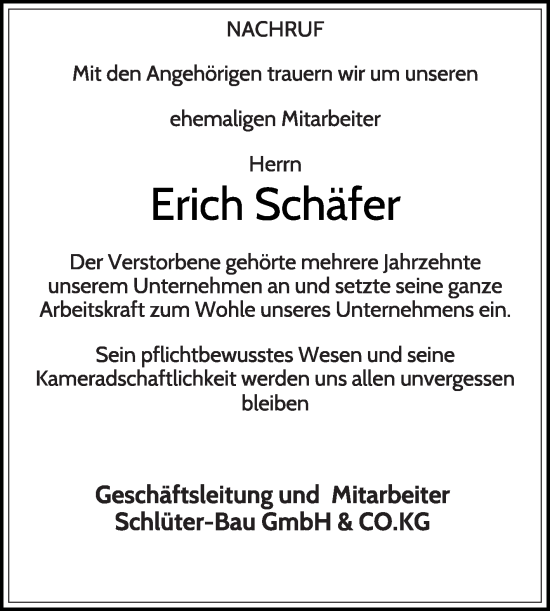 Traueranzeige von Erich Schäfer von Die Glocke