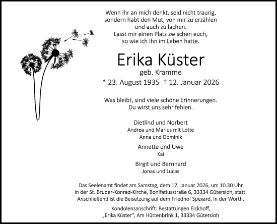 Traueranzeige von Erika Küster von Die Glocke