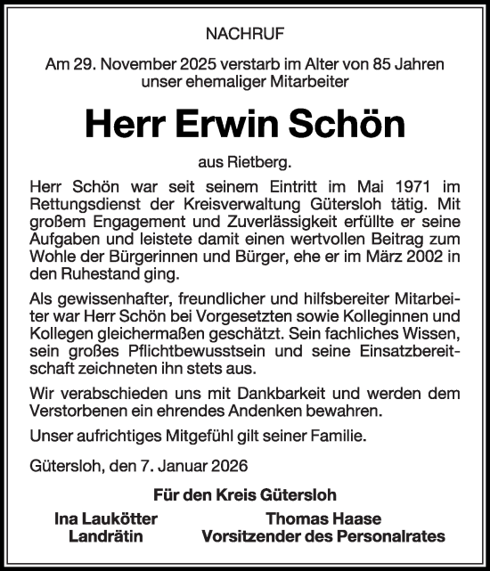 Traueranzeige von Erwin Schön von Die Glocke