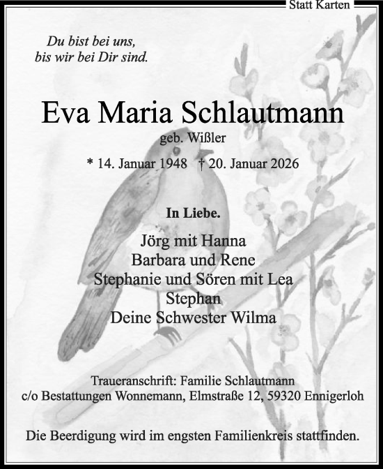 Traueranzeige von Eva Maria Schlautmann von Die Glocke