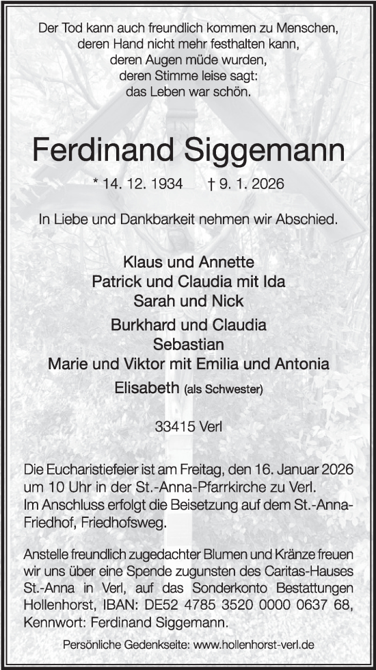 Traueranzeige von Ferdinand Siggemann von Die Glocke