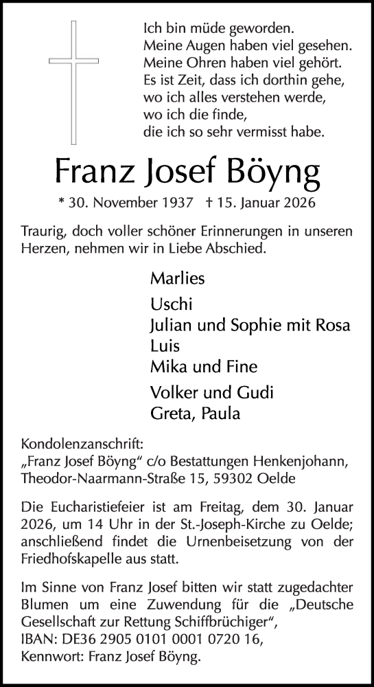 Traueranzeige von Franz Josef Böyng von Die Glocke