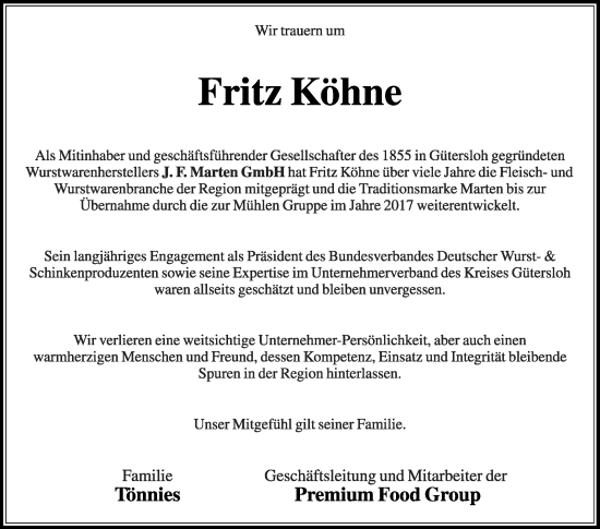 Traueranzeige von Fritz Köhne von Die Glocke