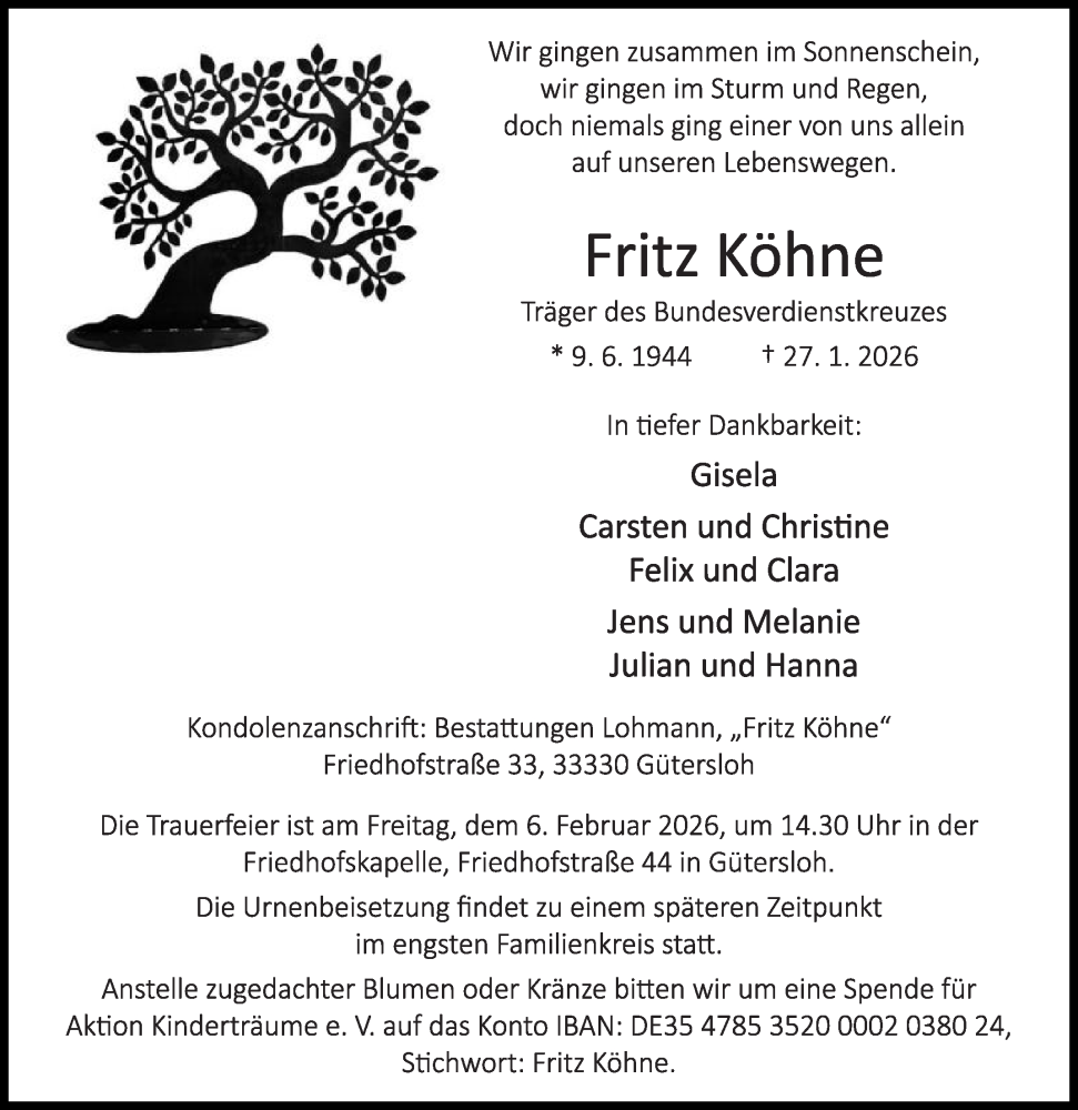  Traueranzeige für Fritz Köhne vom 31.01.2026 aus Die Glocke