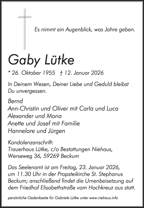 Traueranzeige von Gaby Lütke von Die Glocke
