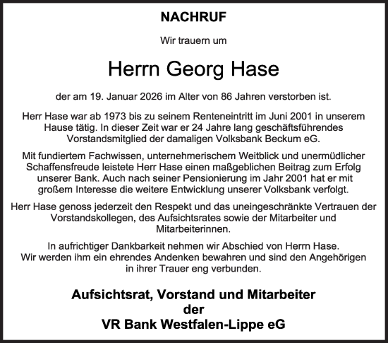 Traueranzeige von Georg Hase von Die Glocke
