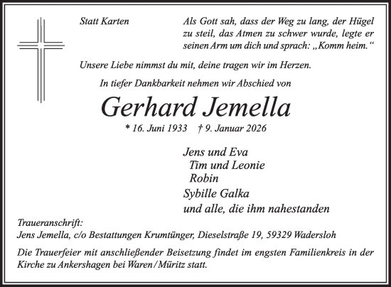 Traueranzeige von Gerhard Jemella von Die Glocke
