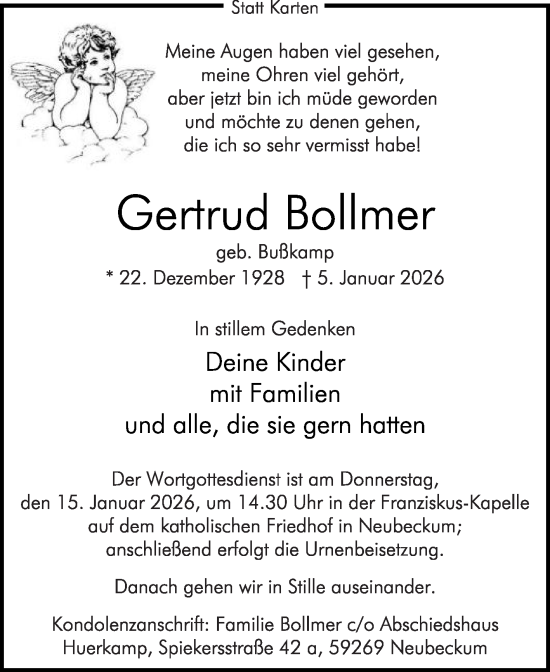 Traueranzeige von Gertrud Bollmer von Die Glocke