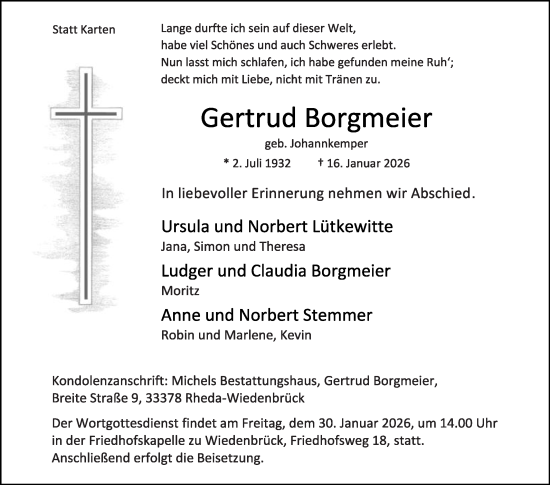 Traueranzeige von Gertrud Borgmeier von Die Glocke