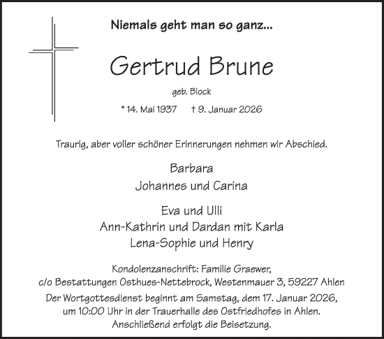 Traueranzeige von Gertrud Brune von Die Glocke