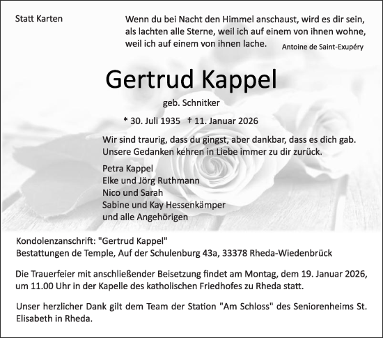 Traueranzeige von Gertrud Kappel von Die Glocke