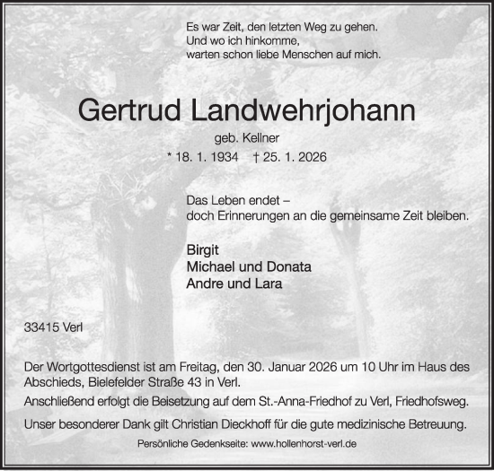 Traueranzeige von Gertrud Landwehrjohann von Die Glocke