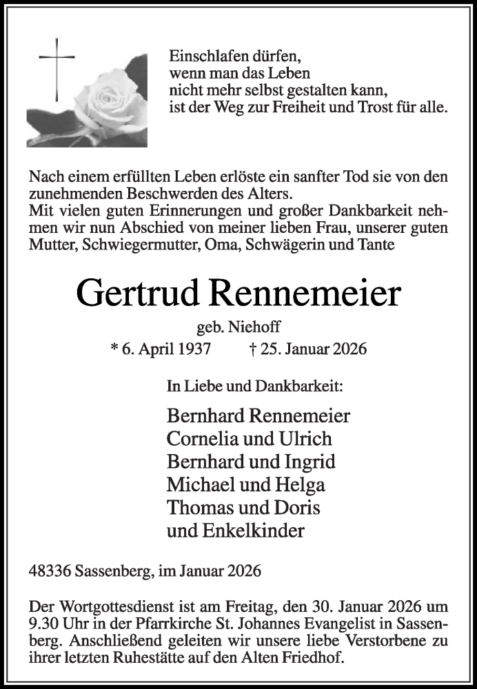  Traueranzeige für Gertrud Rennemeier vom 28.01.2026 aus Die Glocke