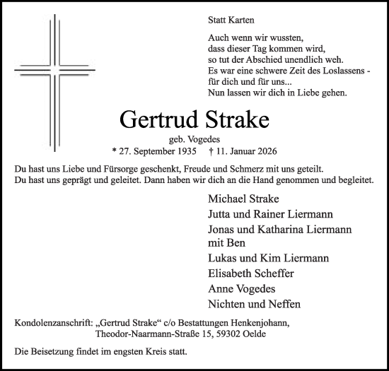 Traueranzeige von Gertrud Strake von Die Glocke